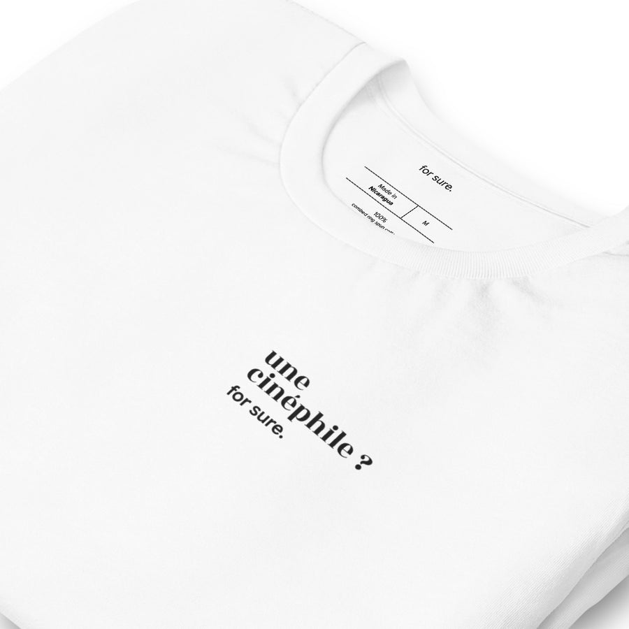 T-shirt blanc « une cinéphile ? for sure. », vue en biais