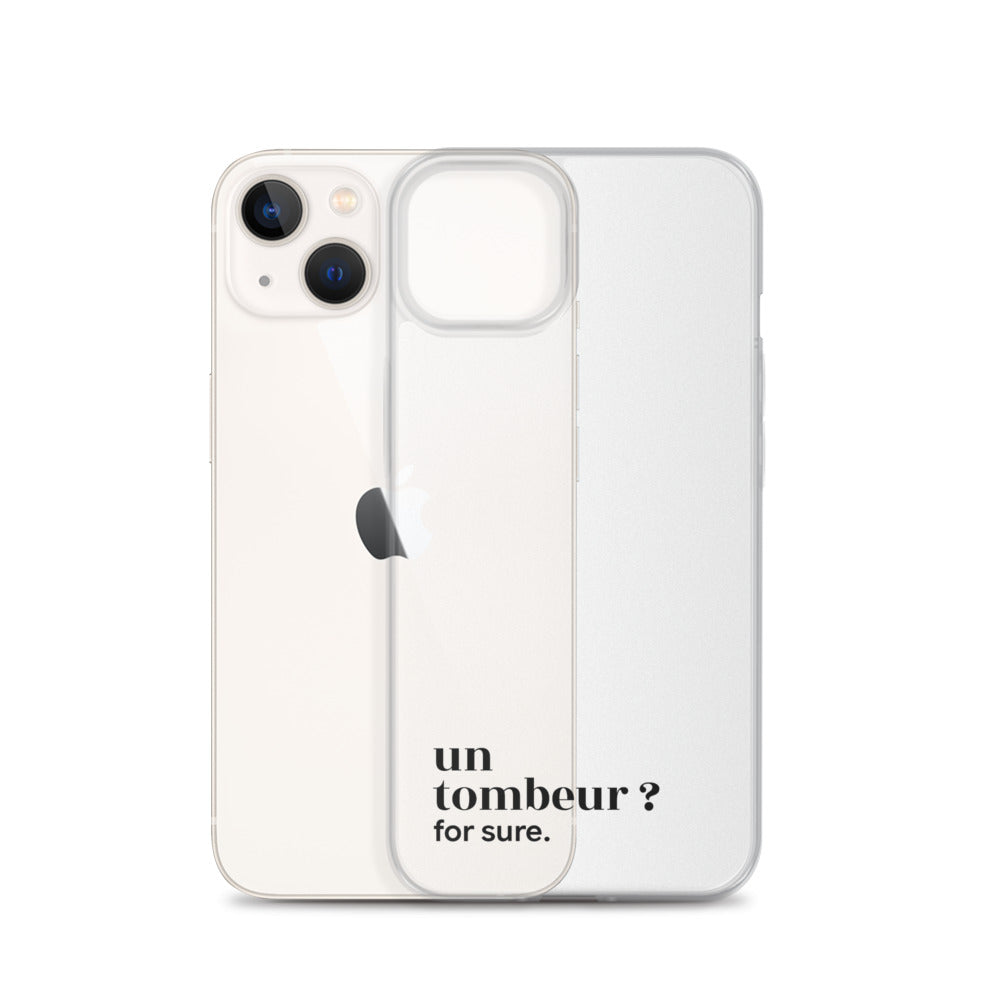 Coque iPhone 13, texte noir, à côté du téléphone : « un tombeur ? for sure. »