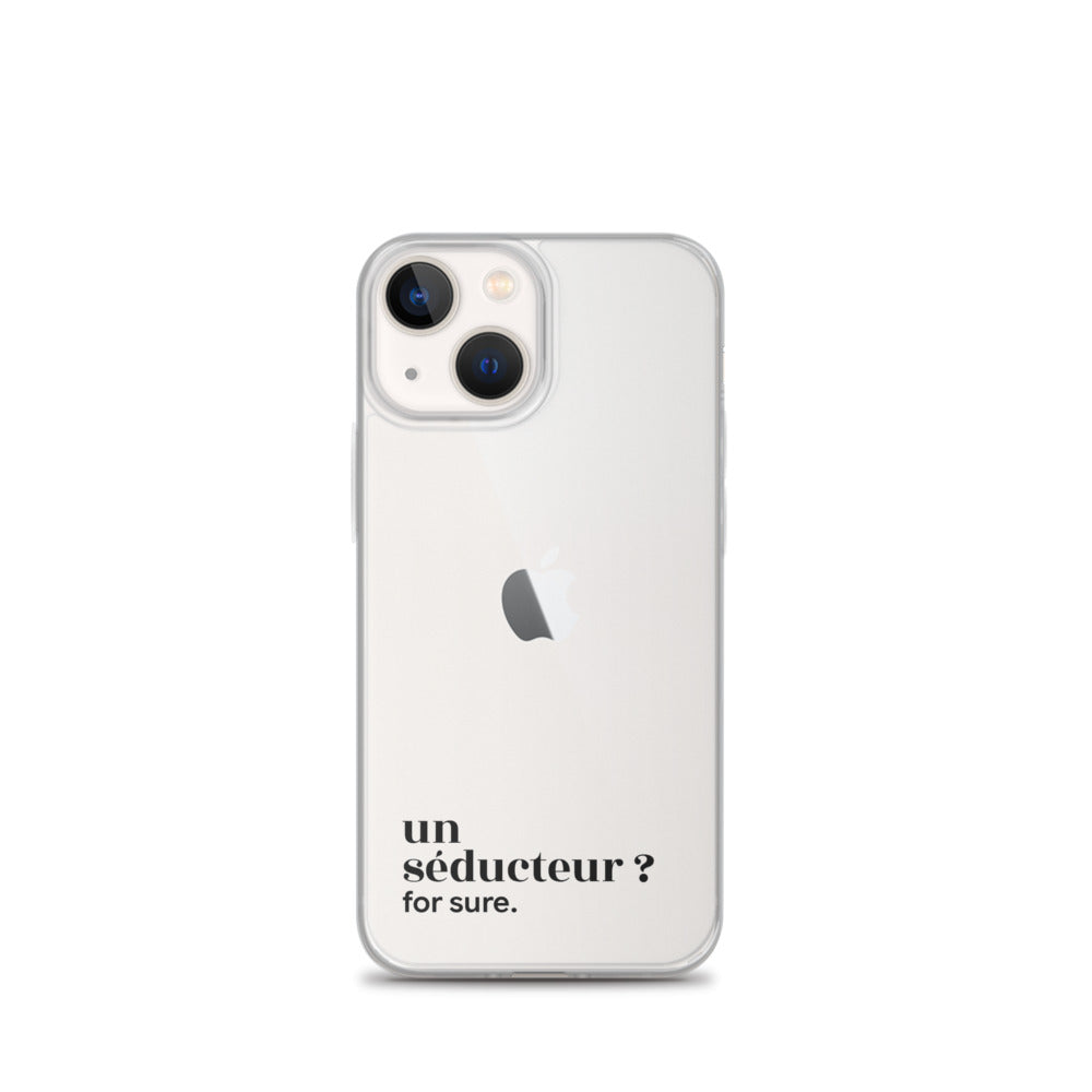 Coque iPhone 13 mini, texte noir : « un séducteur ? for sure. »