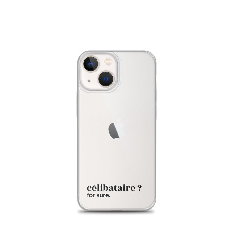 Coque iPhone 13 mini, texte noir : « célibataire ? for sure. »