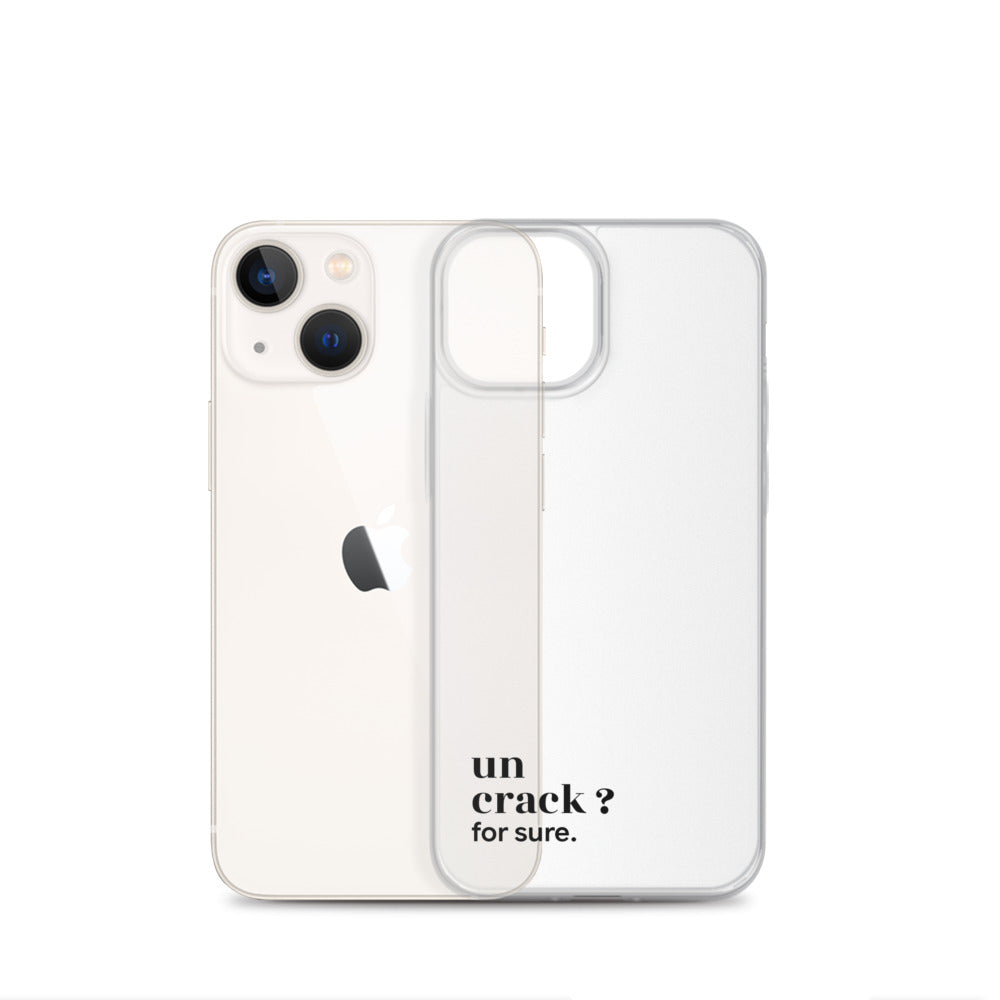 Coque iPhone 13 mini, texte noir, à côté du téléphone : « un crack ? for sure. »