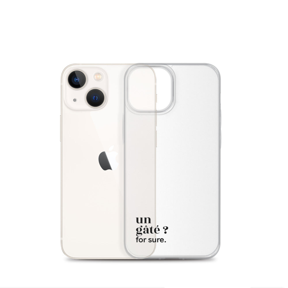 Coque iPhone 13 mini, texte noir, à côté du téléphone : « un gâté ? for sure. »
