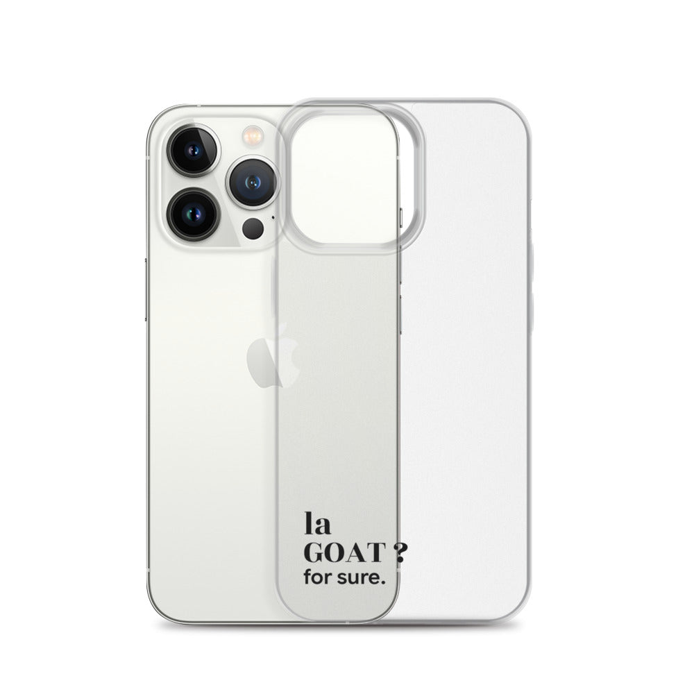 Coque iPhone 13 Pro, texte noir, à côté du téléphone : « la GOAT ? for sure. »