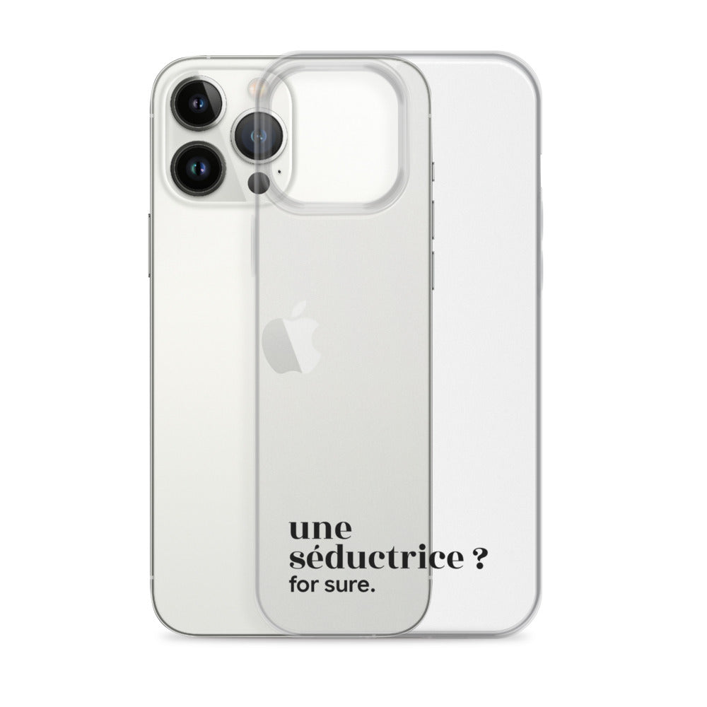 Coque iPhone 13 Pro Max, texte noir, à côté du téléphone : « une séductrice ? for sure. »