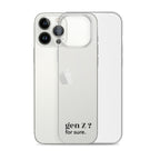 Coque iPhone 13 Pro Max, texte noir, à côté du téléphone : « gen Z ? for sure. »