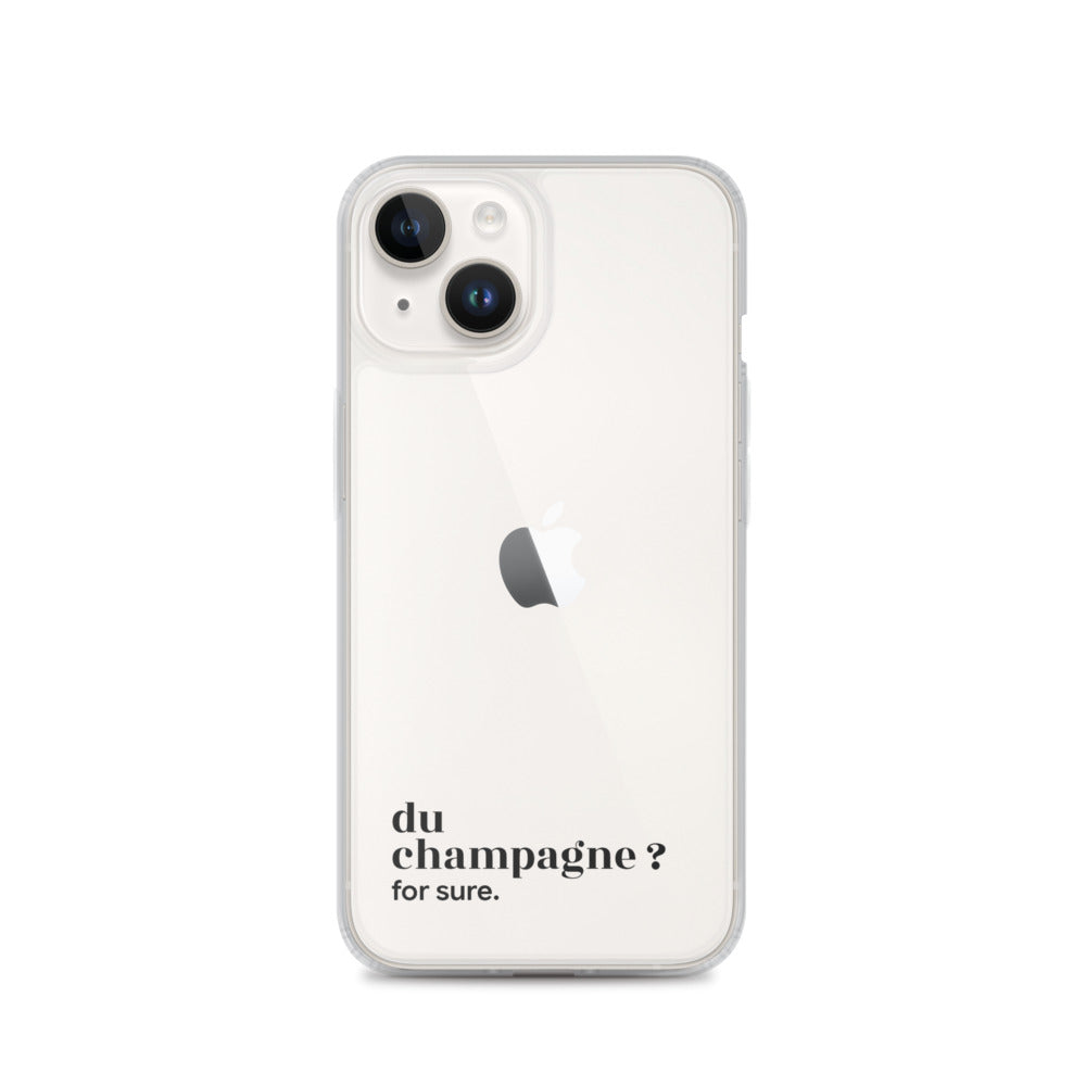 Coque iPhone 14, texte noir : « du champagne ? for sure. »