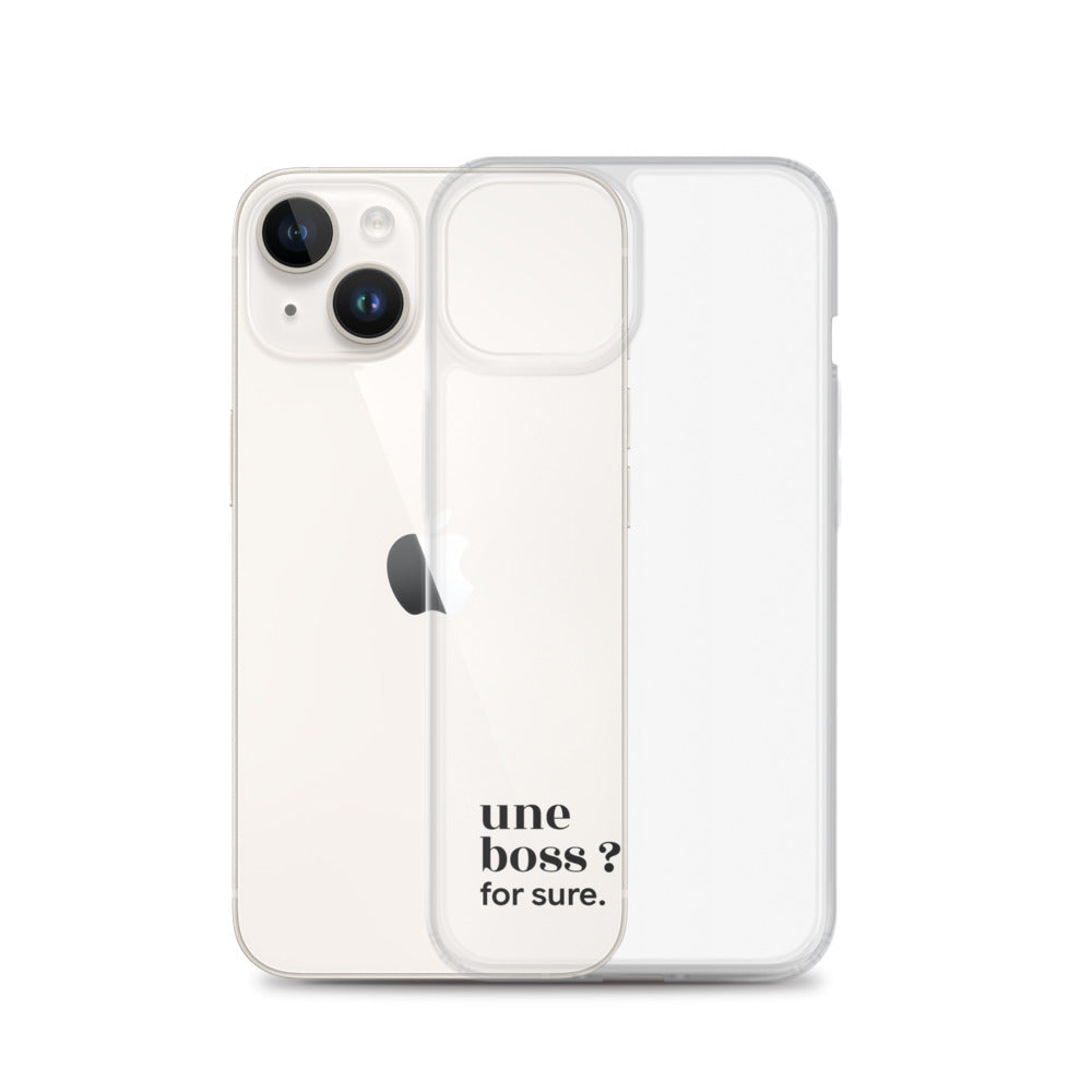 Coque iPhone 14, texte noir, à côté du téléphone : « une boss ? for sure. »