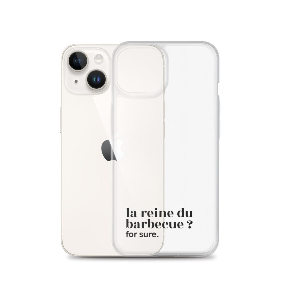 Coque iPhone 14, texte noir, à côté du téléphone : « la reine du barbecue ? for sure. »