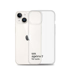 Coque iPhone 14, texte noir, à côté du téléphone : « un apéro ? for sure. »