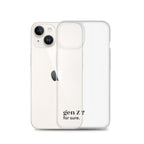 Coque iPhone 14, texte noir, à côté du téléphone : « gen Z ? for sure. »