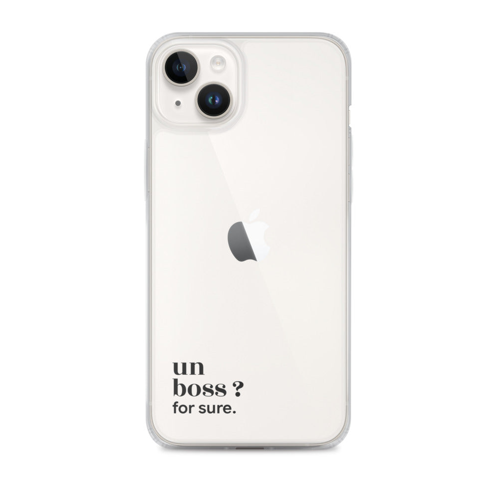 Coque iPhone 14 Plus, texte noir : « un boss ? for sure. »