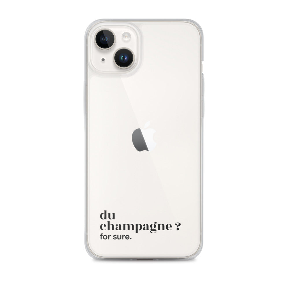 Coque iPhone 14 Plus, texte noir : « du champagne ? for sure. »