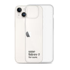 Coque iPhone 14 Plus, texte noir, à côté du téléphone : « une bière ? for sure. »
