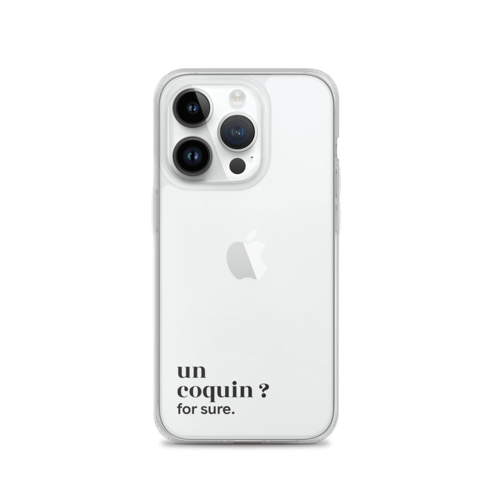 Coque iPhone 14 Pro, texte noir : « un coquin ? for sure. »