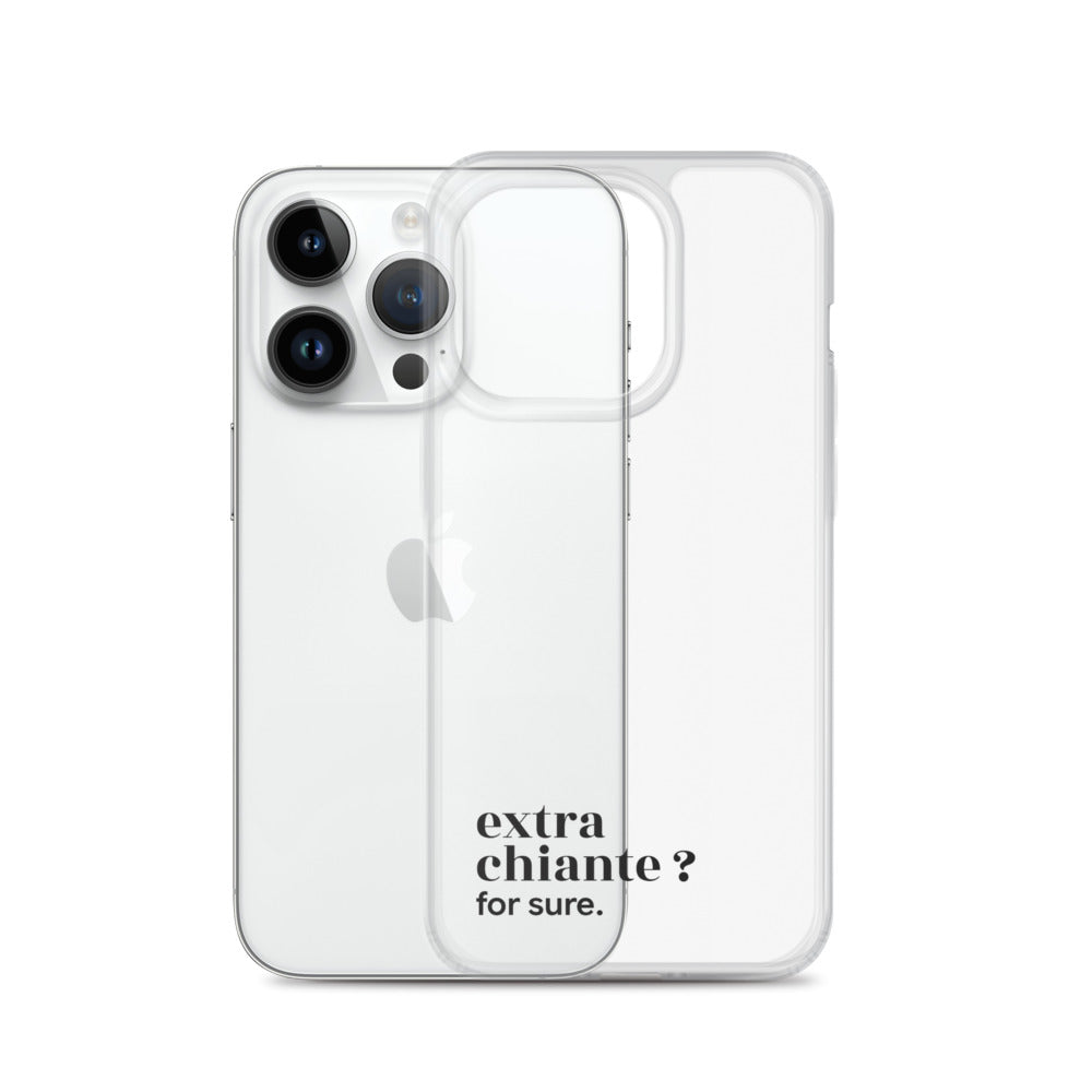 Coque iPhone 14 Pro, texte noir, à côté du téléphone : « extra chiante ? for sure. »