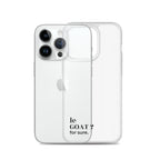 Coque iPhone 14 Pro, texte noir, à côté du téléphone : « le GOAT ? for sure. »
