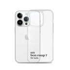 Coque iPhone 14 Pro, texte noir, à côté du téléphone : « un bon coup ? for sure. »
