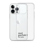 Coque iPhone 14 Pro Max, texte noir, à côté du téléphone : « moi parfait ? for sure. »
