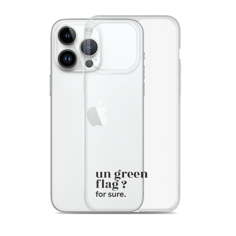 Coque iPhone 14 Pro Max, texte noir, à côté du téléphone : « un green flag ? for sure. »