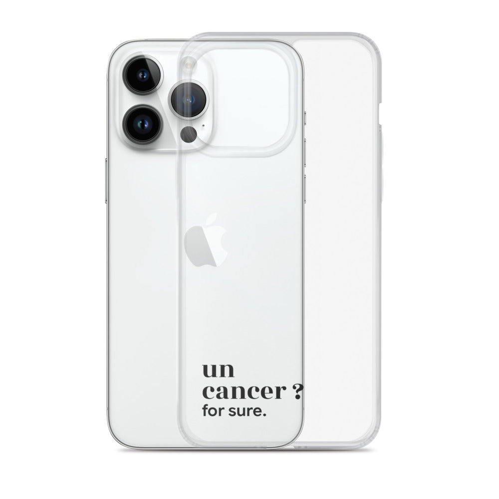 Coque iPhone 14 Pro Max, texte noir, à côté du téléphone : « un cancer ? for sure. »