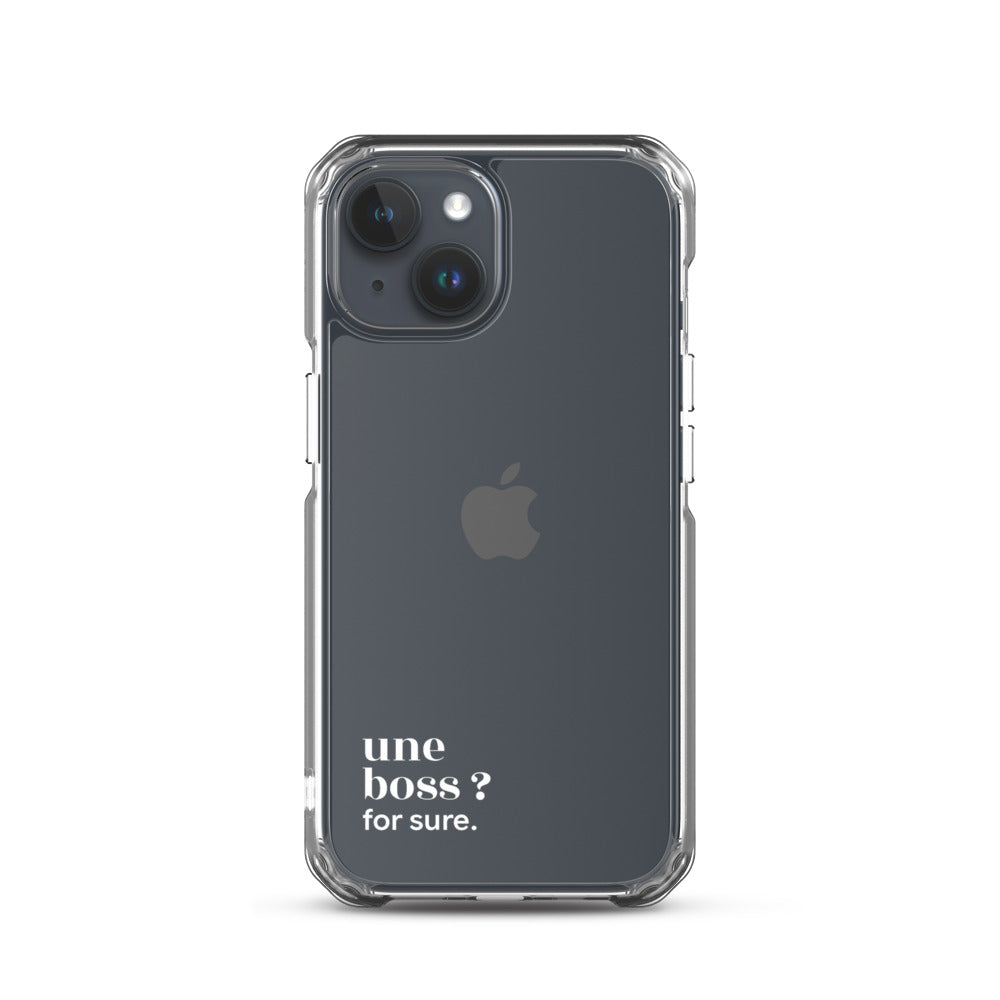 Coque iPhone 15, texte blanc : « une boss ? for sure. »