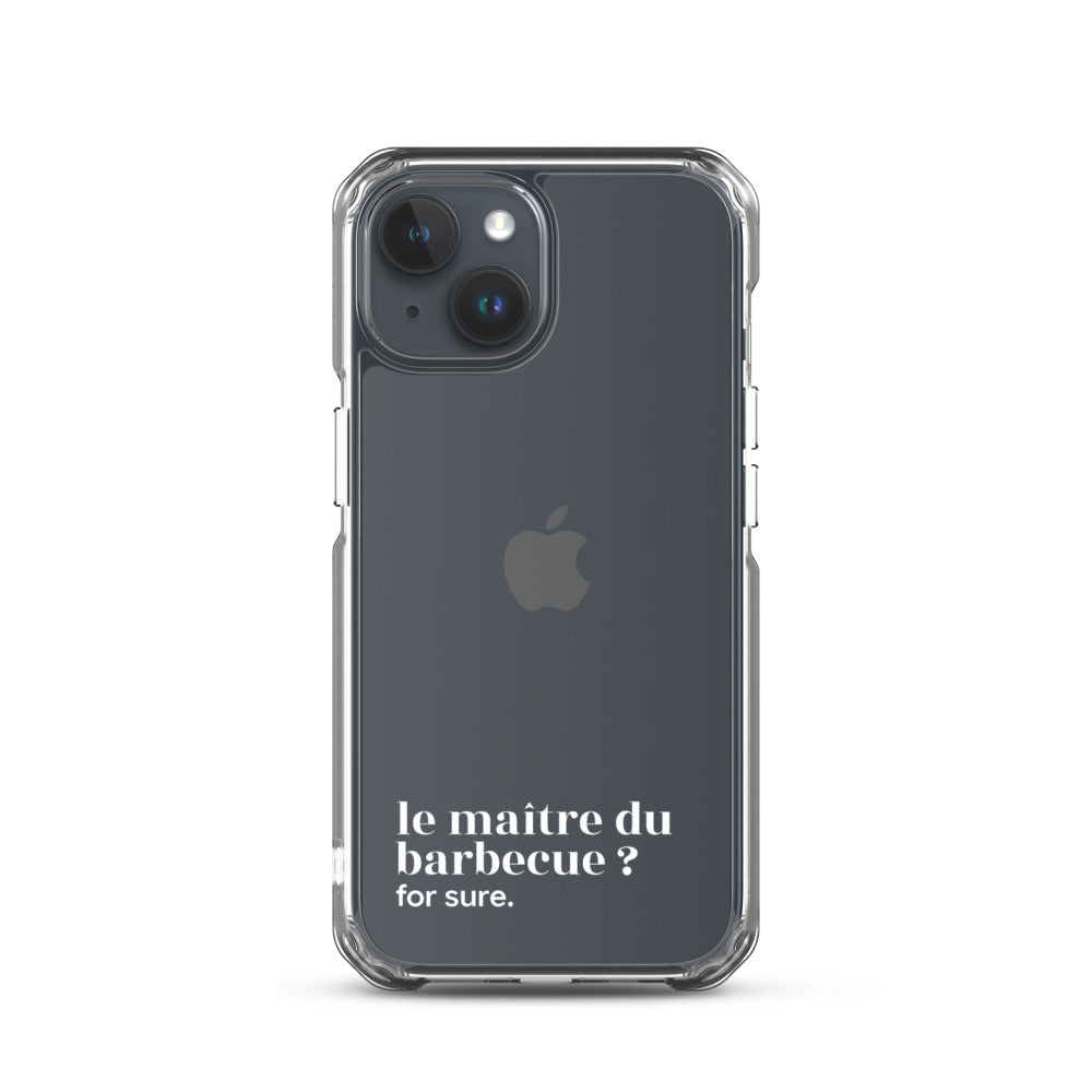Coque iPhone 15, texte blanc : « le maître du barbecue ? for sure. »