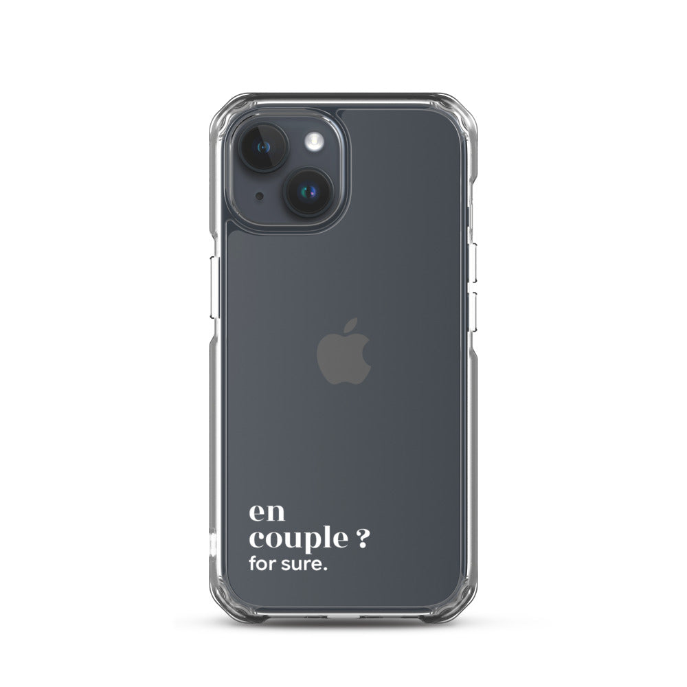 Coque iPhone 15, texte blanc : « en couple ? for sure. »