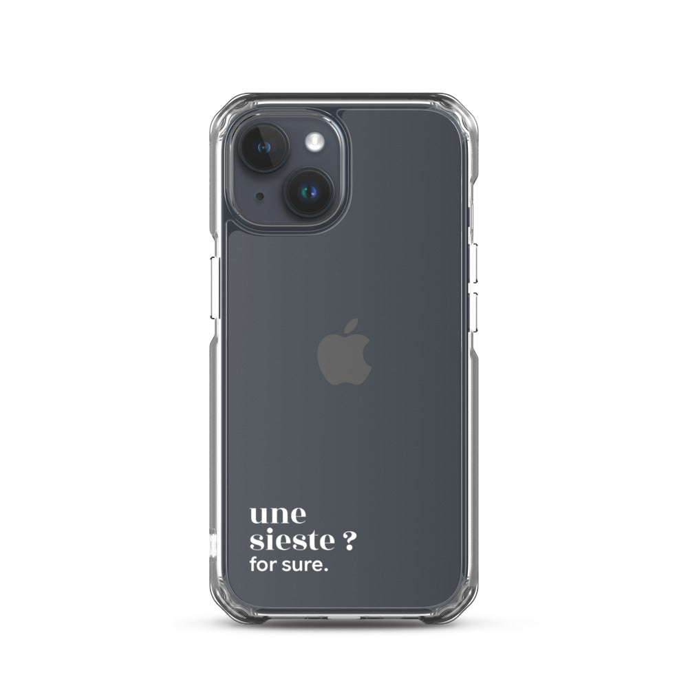 Coque iPhone 15, texte blanc : « une sieste ? for sure. »