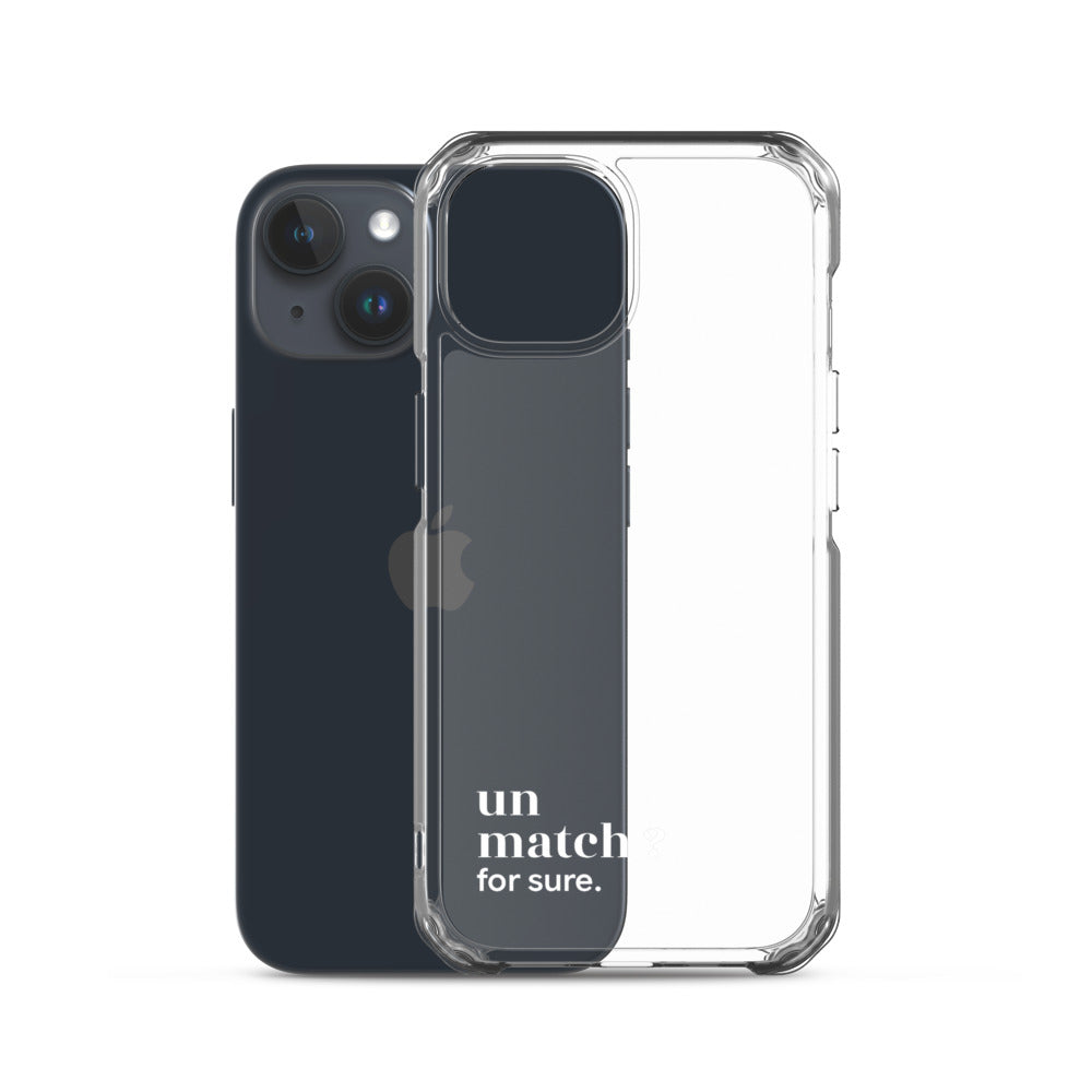 Coque iPhone 15, texte blanc, à côté du téléphone : « un match ? for sure. »