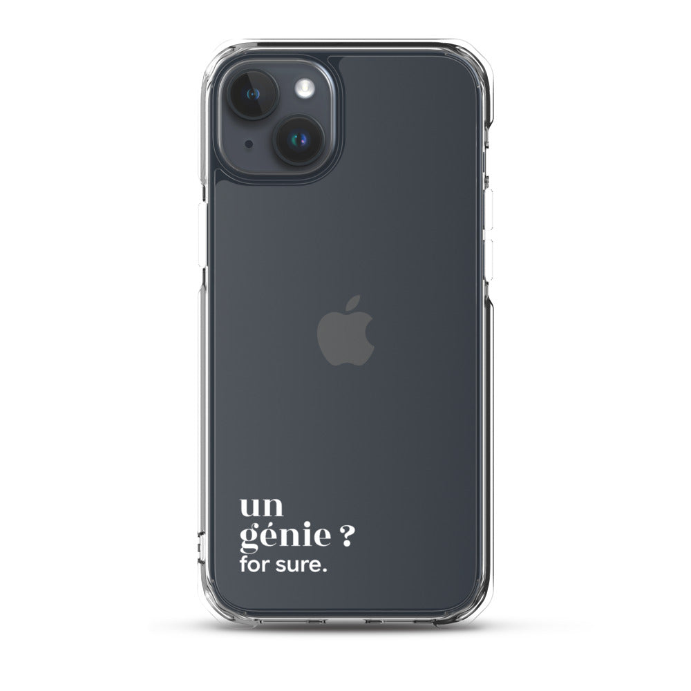 Coque iPhone 15 Plus, texte blanc : « un génie ? for sure. »