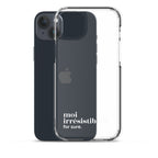 Coque iPhone 15 Plus, texte blanc, à côté du téléphone : « moi irrésistible ? for sure. »