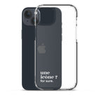 Coque iPhone 15 Plus, texte blanc, à côté du téléphone : « une icône ? for sure. »