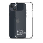 Coque iPhone 15 Plus, texte blanc, à côté du téléphone : « accro à la salle ? for sure. »
