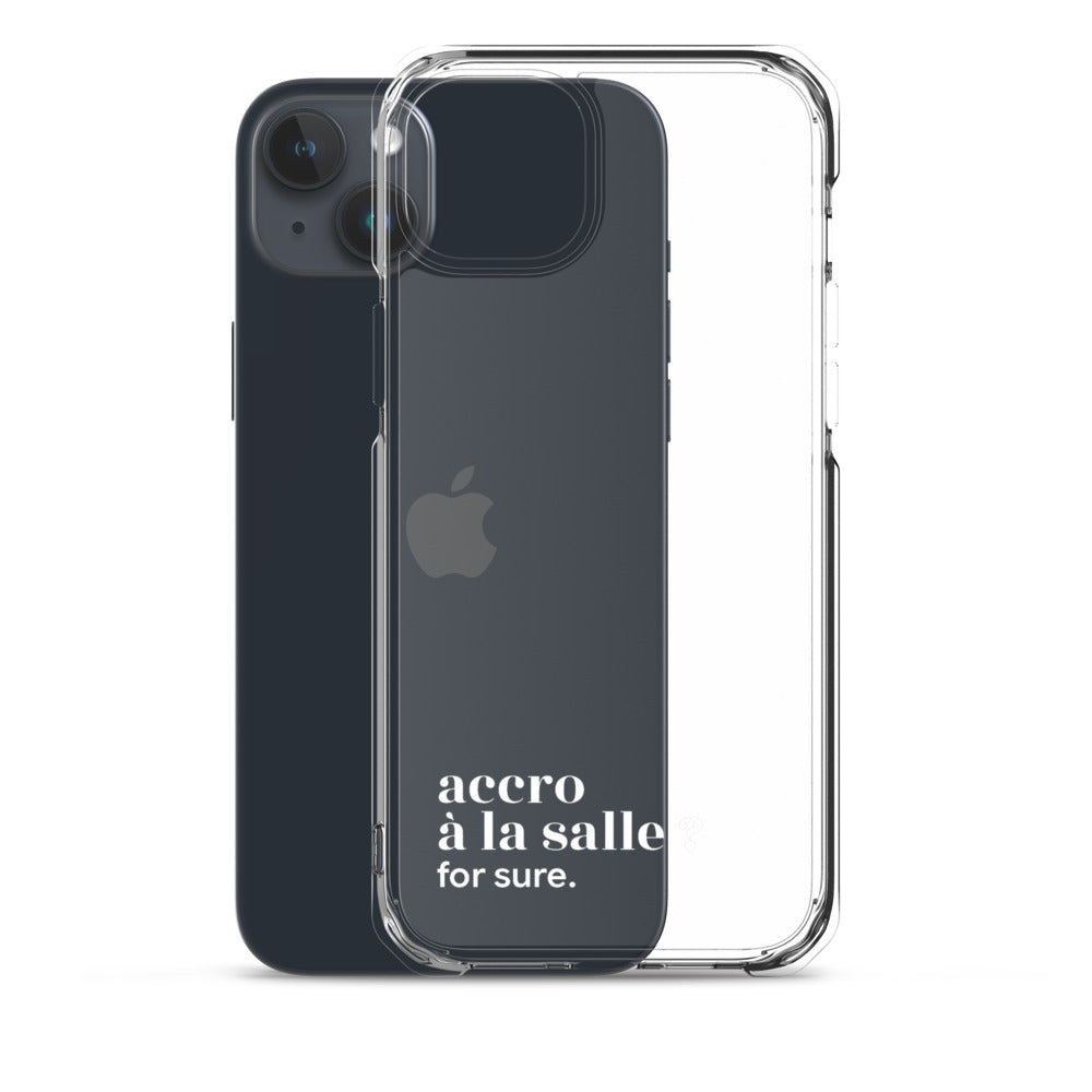 Coque iPhone 15 Plus, texte blanc, à côté du téléphone : « accro à la salle ? for sure. »