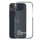 Coque iPhone 15 Plus, texte blanc, à côté du téléphone : « une tombeuse ? for sure. »