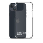 Coque iPhone 15 Plus, texte blanc, à côté du téléphone : « millennial ? for sure. »