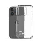 Coque iPhone 15 Pro, texte blanc, à côté du téléphone : « une contrée ? for sure. »