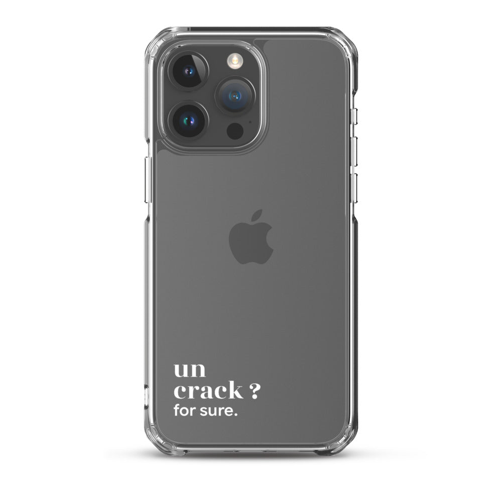 Coque iPhone 15 Pro Max, texte blanc : « un crack ? for sure. »
