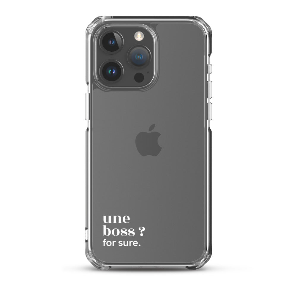 Coque iPhone 15 Pro Max, texte blanc : « une boss ? for sure. »