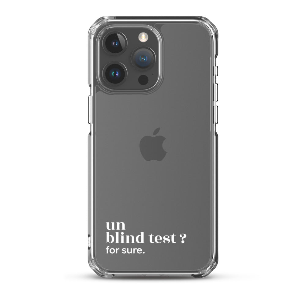 Coque iPhone 15 Pro Max, texte blanc : « un blind test ? for sure. »