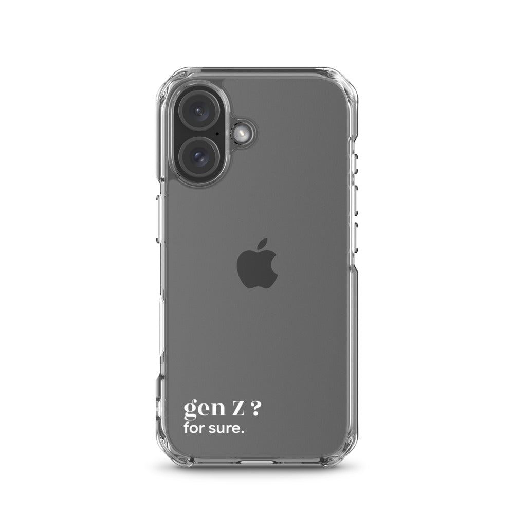 Coque iPhone 16, texte blanc : « gen Z ? for sure. »