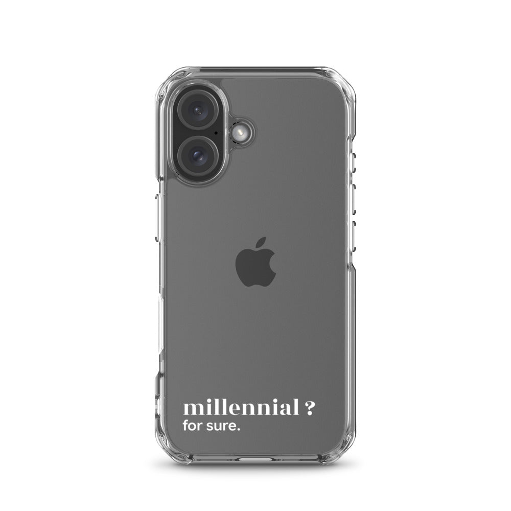 Coque iPhone 16, texte blanc : « millennial ? for sure. »