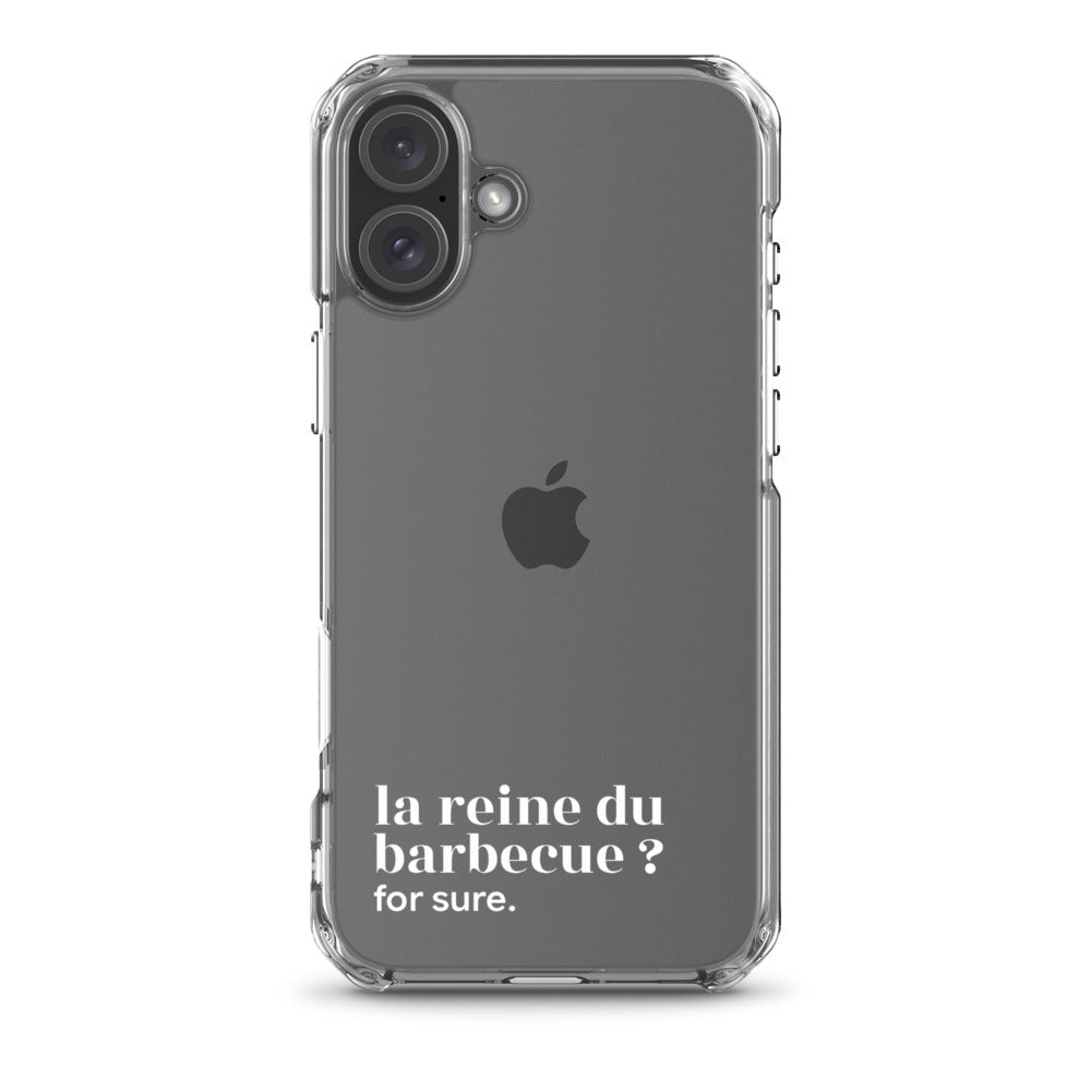 Coque iPhone 16 Plus, texte blanc : « la reine du barbecue ? for sure. »