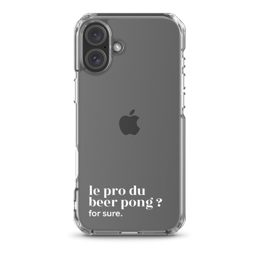 Coque iPhone 16 Plus, texte blanc : « le pro du beer pong ? for sure. »