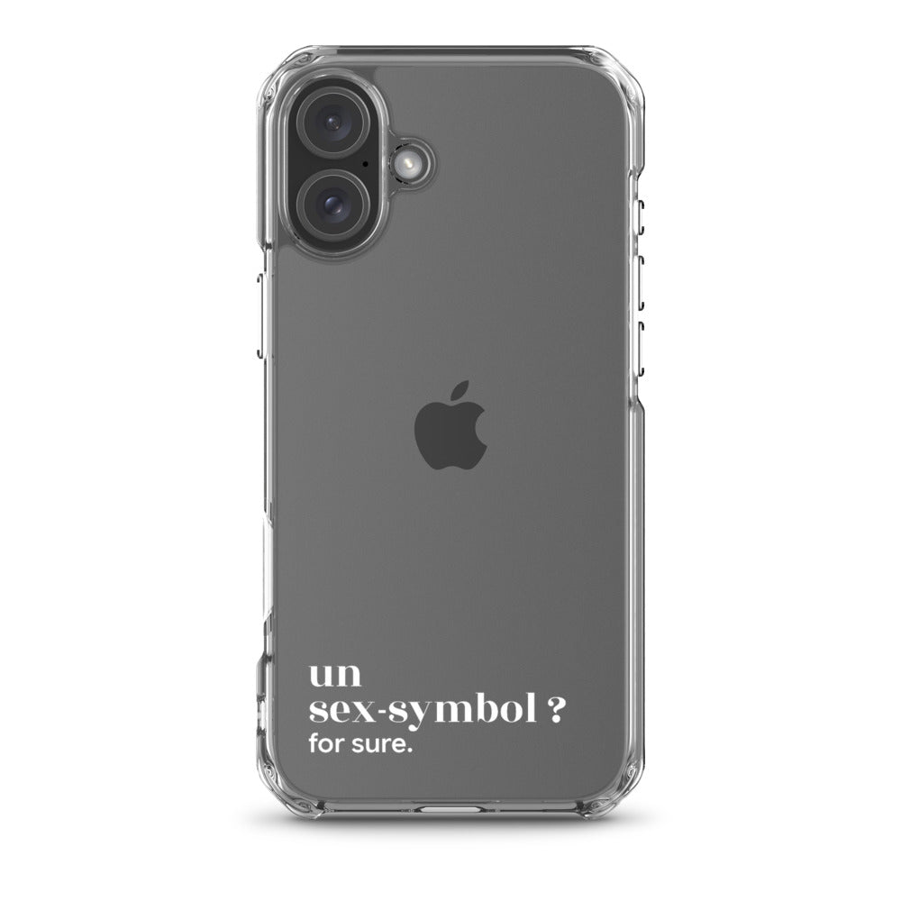 Coque iPhone 16 Plus, texte blanc : « un sex-symbol ? for sure. »