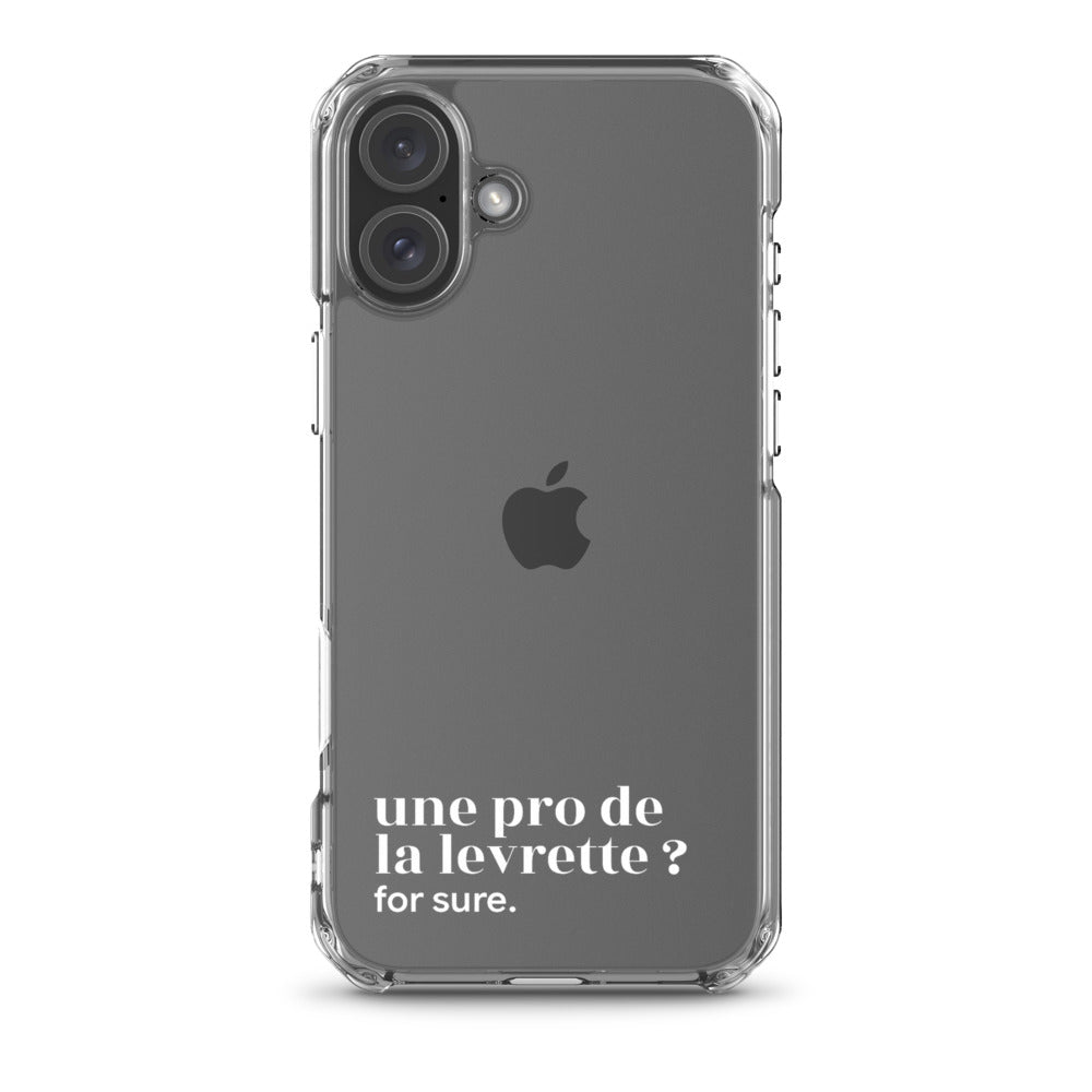 Coque iPhone 16 Plus, texte blanc : « une pro de la levrette ? for sure. »