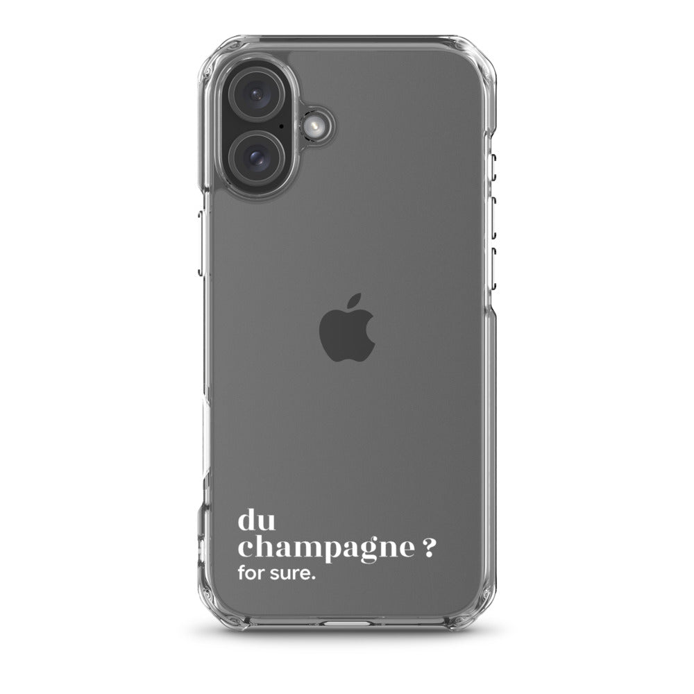 Coque iPhone 16 Plus, texte blanc : « du champagne ? for sure. »