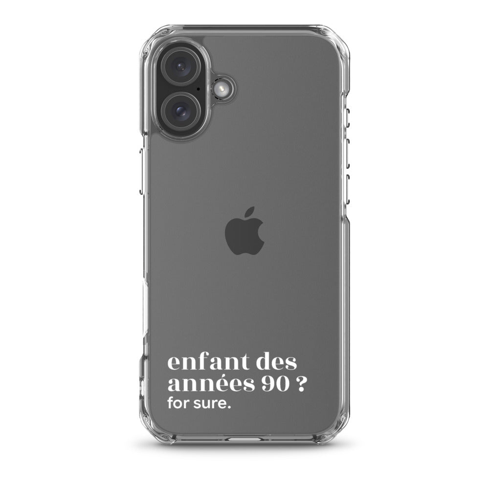 Coque iPhone 16 Plus, texte blanc : « enfant des années 90 ? for sure. »