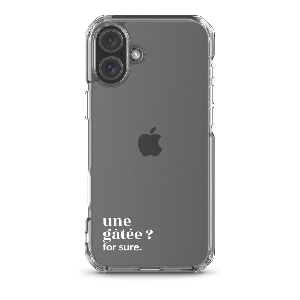 Coque iPhone 16 Plus, texte blanc : « une gâtée ? for sure. »