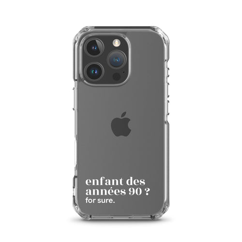 Coque iPhone 16 Pro, texte blanc : « enfant des années 90 ? for sure. »